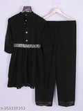 Georgette three-quarter sleeve kurta set with palazzo bottoms, solid color, trending Indian fashion