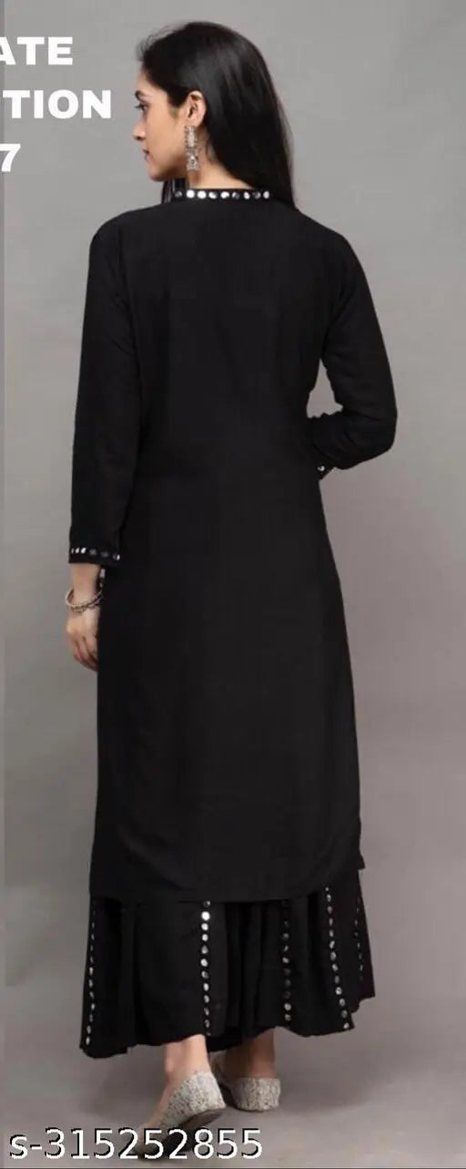 Helwin Beautiful Girl Aari Mirror Work Viscose Rayon Kurta with Plazzo, solid net, three-quarter sleeves on mannequin