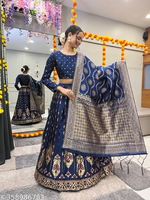 Premium Banarasi silk women's lehenga-choli set, art silk fabric, woven design, semi-stitched (40m x 42m, 39inch waist), India origin