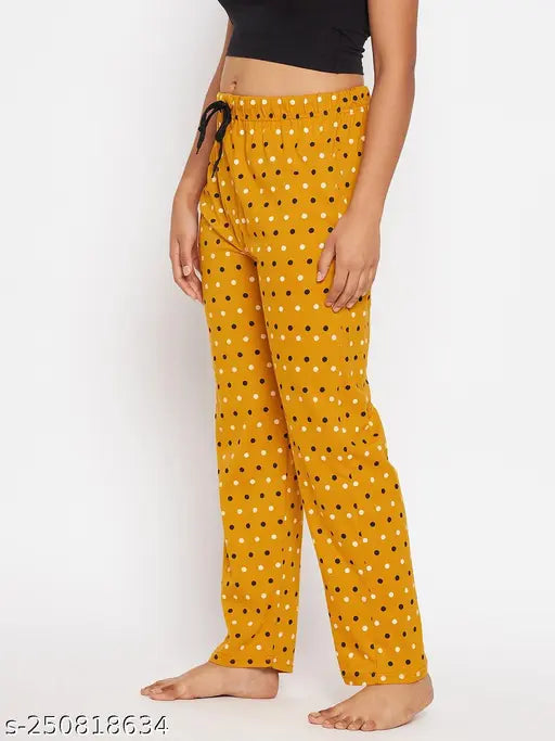 Maxi length, cotton dot-printed women's lounge pants with elastic waist & side pockets - India origin