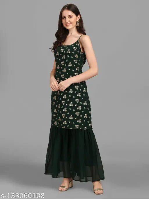 Georgette printed net kurta set for women, sleeveless with gharara bottom, single size XXL (34in waist, 38in length), Indian design