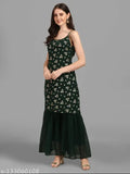 Georgette printed net kurta set for women, sleeveless with gharara bottom, single size XXL (34in waist, 38in length), Indian design