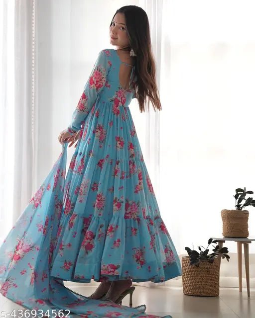 Georgette floral print Anarkali with dupatta set, heavy soft fox fabric, long sleeves, side zipper, and 8.25m fully flair anarkali