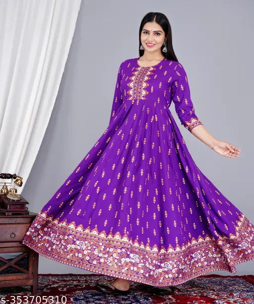 Vibrant purple viscose rayon long-tiered kurtis, printed combo design, three-quarter sleeves, size S (bust 36in, length 50in)