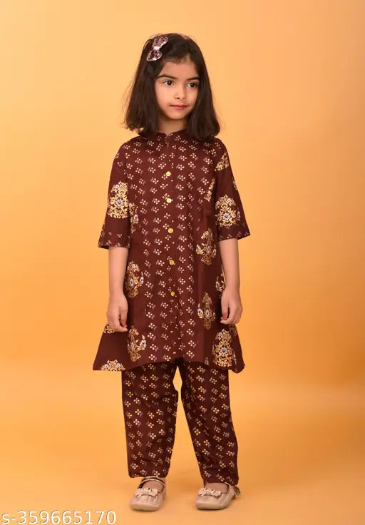 Brown Rayon A-line Kurta and Trousers Set, printed, three-quarter sleeves, kid's casual wear, mandarin collar, India origin