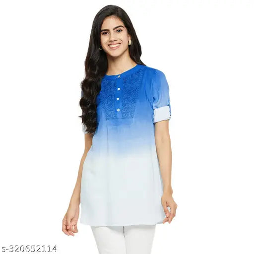 Ombre blue rayon embroidered top, short sleeves, solid pattern, women's apparel from India