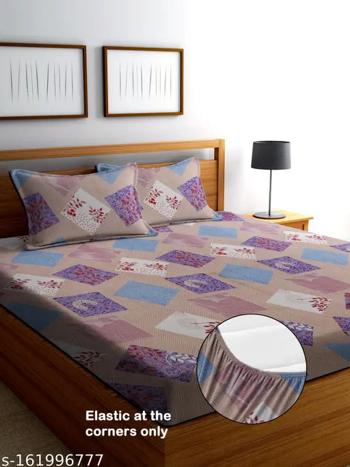Glace cotton double bed fitted sheets with botanical pattern, 2 pillow covers (72x78 inches, 18x28 inches), ideal for summer decor