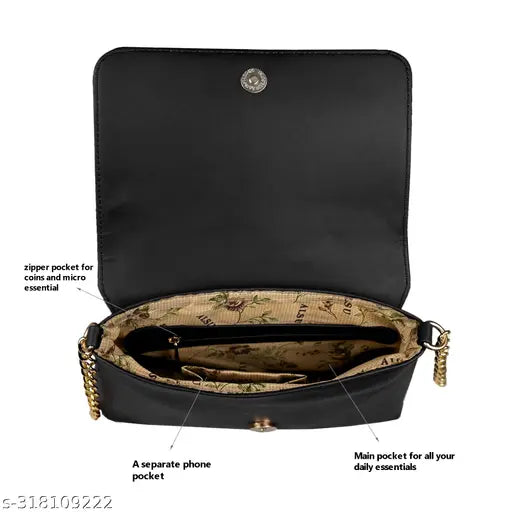 Black faux leather sling bag, 2 compartments, perfect for party wear and everyday essentials, high-quality synthetic material, Indian origin