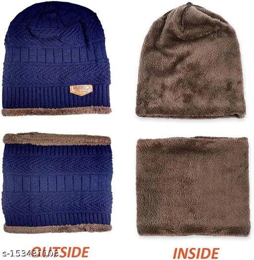 Navy Blue woolen cap with face cover and neck warmer, embroidered pattern, perfect for outdoor activities and daily wear. Made in India (2-in-1)