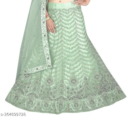 Green embroidered net Lehenga Choli set, heavy, for Indian weddings. Traditional Indian attire featuring diamond work." (109 characters)