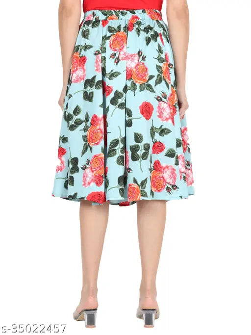 Mint green floral printed crepe flared skirt for women, Western style in sizes 26-36 from India