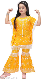 Red cotton kaftan and palazzo set for kids, embellished top with printed net bottom