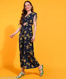 Navy blue floral printed polyester jumpsuit with waist tie-up, short sleeves and v-neckline