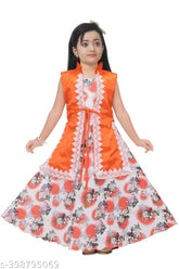 Cotton blend sleeveless digital print gown by S K Fashion. Perfect for parties, weddings, and festivals like Diwali, Navratri, Christmas, and more. Skin-friendly and suitable for all seasons. Available sizes: 2-3Y (Bust 20", Length 24"), 3-4Y (Bust 22", Length 26"), etc., up to 10-11Y (Bust 36", Length 40"). Made in India