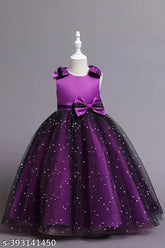 Purple net knee-length sleeveless dress with bow applique, perfect for girls' parties and princess-inspired attire
