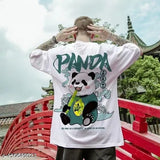 White cotton oversized round neck panda-themed men's t-shirt with print, short sleeves on display