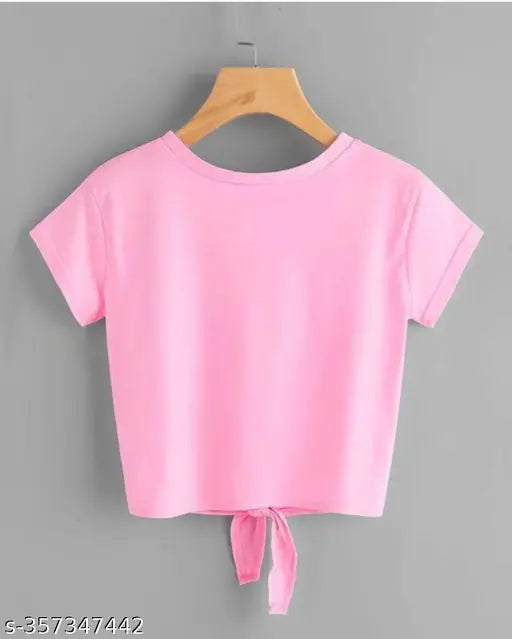Pink cotton blend crop top with angel printed net sleeves, women's fashion clothing on model