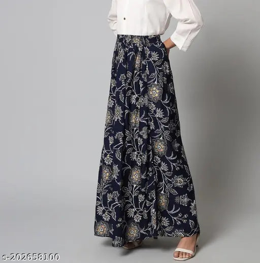 Floral print navy blue viscose rayon skirt, free size (waist 30in, length 38in), Indian fashion