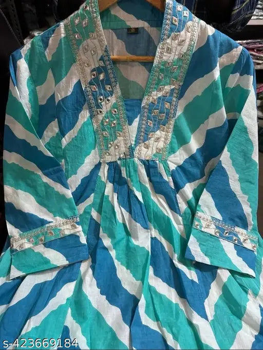 Pure cotton V-Neck Anarkali Lehriya Pattern Kurta Pant Set, traditional yet modern dyed/washed net style