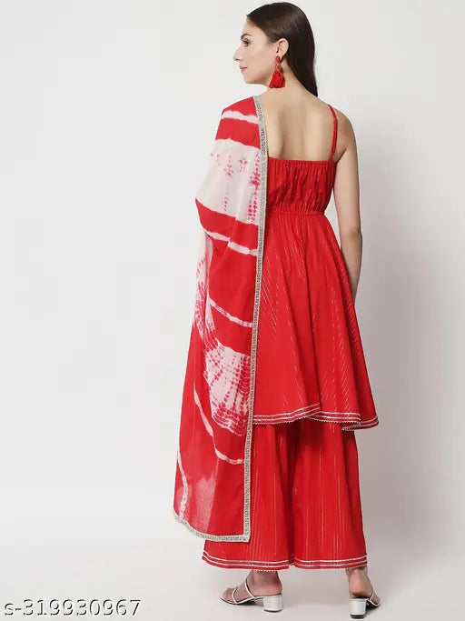 Red viscose rayon traditional girls kurta set with sharara & dupatta - elegant Indian wear for festivals