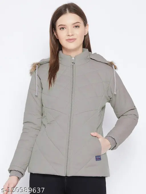 Grey women's parka jacket, polyester, long sleeves, solid pattern, quilted with polyfill, faux fur hood, 3 pockets