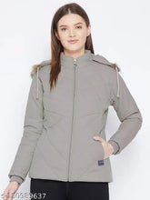 Grey women's parka jacket, polyester, long sleeves, solid pattern, quilted with polyfill, faux fur hood, 3 pockets