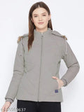 Grey women's parka jacket, polyester, long sleeves, solid pattern, quilted with polyfill, faux fur hood, 3 pockets