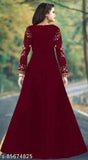 Maroon taffeta silk embroidered net gown with long sleeves, Indian women's formal wear