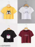 Women's trendy printed cotton half sleeve crop tops (pack of 4), 100% cotton short sleeves, various sizes available from S to XL, India origin