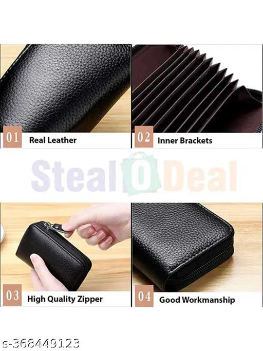 StealODeal black leatherite card holder, high-quality zipper design with 5 compartments for 11 cards, perfect for everyday use or as a gift