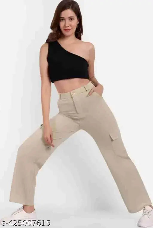 Solid cotton lycra cargo pants for ladies - Indian-made women's casual wear