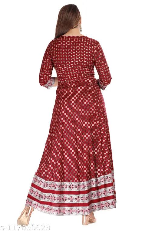 Trendy rayon Anakali kurti gown, printed combo in three-quarter sleeves for women, Indian fashion wear on mannequin