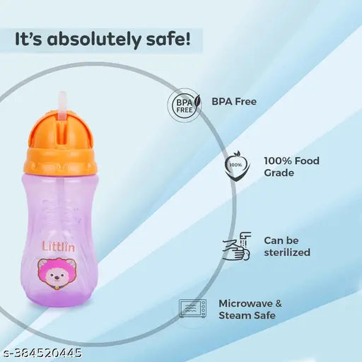 Multicolor BPA-free plastic baby sipper bottle (200ml), ideal for kids, features a built-in straw