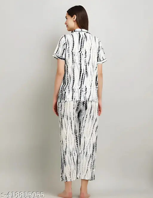 White & Black printed cotton nightdress set for women, comfortable summer sleepwear with elastic waist and drawstring, stylish loungewear from Fomti Creation