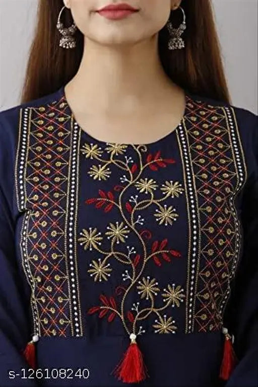 Blue rayon embroidered 4latkan kurtis with three-quarter sleeves, featuring various sizes from S to XXXL