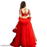 Red satin & net Myra Drishya women's lehenga set, embroidered top with solid dupatta and net bottom