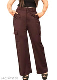 Lycra women's cargo trousers, solid net brown, high rise, four pockets, stretchable, casual & formal wear