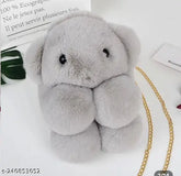 Synthetic checked net fluffy bunny sling bag, perfect for girls' casual outings, removable strap shown, India origin