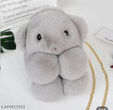 Synthetic checked net fluffy bunny sling bag, perfect for girls' casual outings, removable strap shown, India origin
