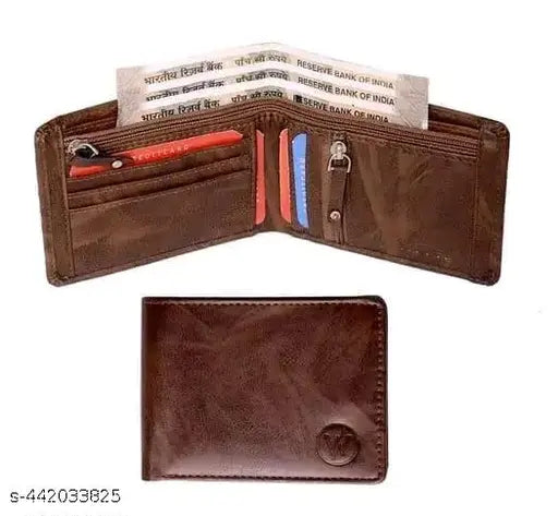 Brown artificial leather bi-fold wallet, STYSHOP Classic World New Trendy Men, 5 card slots, zip lock, slim design, free size (10cm x 11cm)