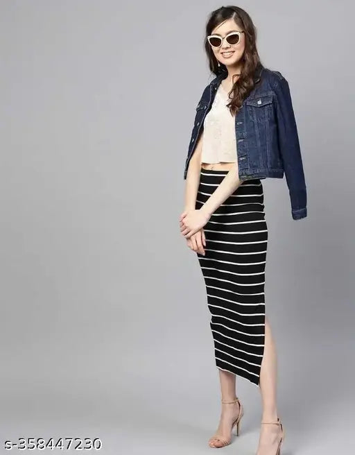 Striped cotton blend pencil skirt for women and girls, available in sizes 24-30