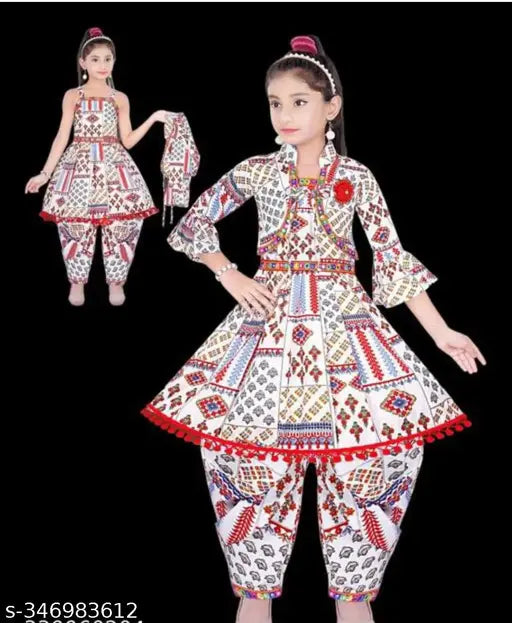 White cotton blend Anarkali kurta and dhoti pants set with koti, girls ethnic wear for Navratri