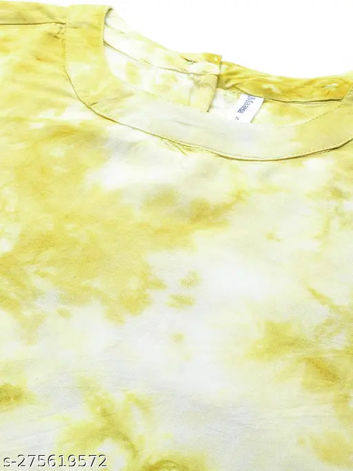 Green off white dyed/washed rayon top with three-quarter sleeves, round neckline, and curved hemline. Perfect addition for versatile style in various sizes S-XXL from India