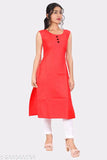 Solid cotton slub straight kurta, sleeveless, high-quality women's fashion from India