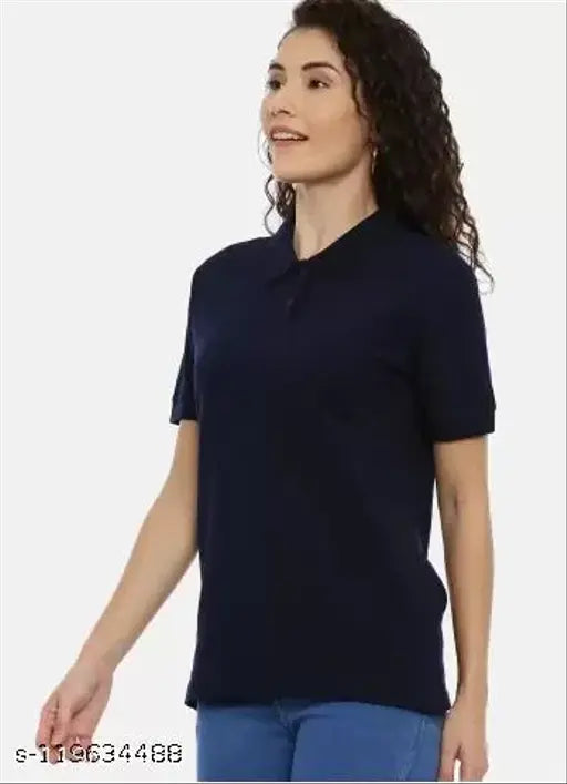 Dark blue polycotton solid women's polo neck t-shirt, short sleeves by Spylark