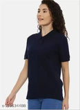 Dark blue polycotton solid women's polo neck t-shirt, short sleeves by Spylark