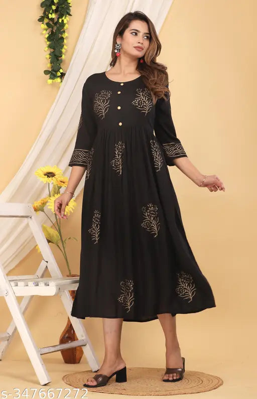 Black rayon three-quarter sleeve printed women's gown, M-XXXL. Indian block print on fashionable kurta anarkali
