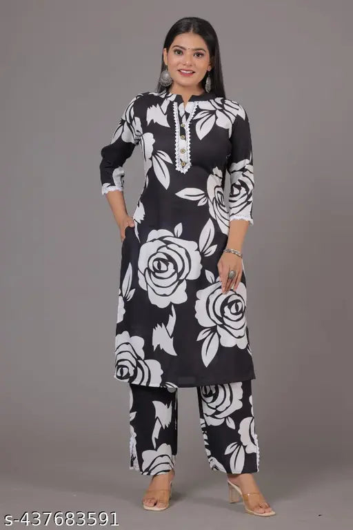 Black rayon kurta pant set, printed design from Neel Fashion and Art Gallery on mannequin
