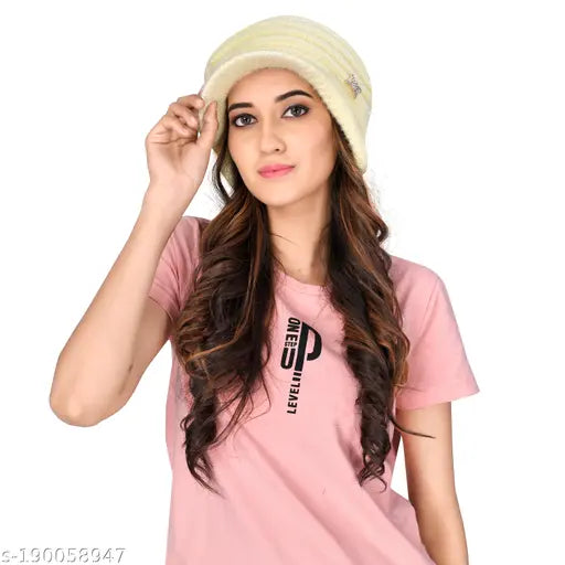 Woolen fur winter cap set (1N), stylish with D diamond embellishments, trendy and elegant, Sarvagny Clothing from India