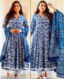 Blue rayon frock set with dupatta and viscose rayon bottomwear, printed, stitched net, three-quarter sleeves. Single size available in various sizes (S to XXL). Indian origin